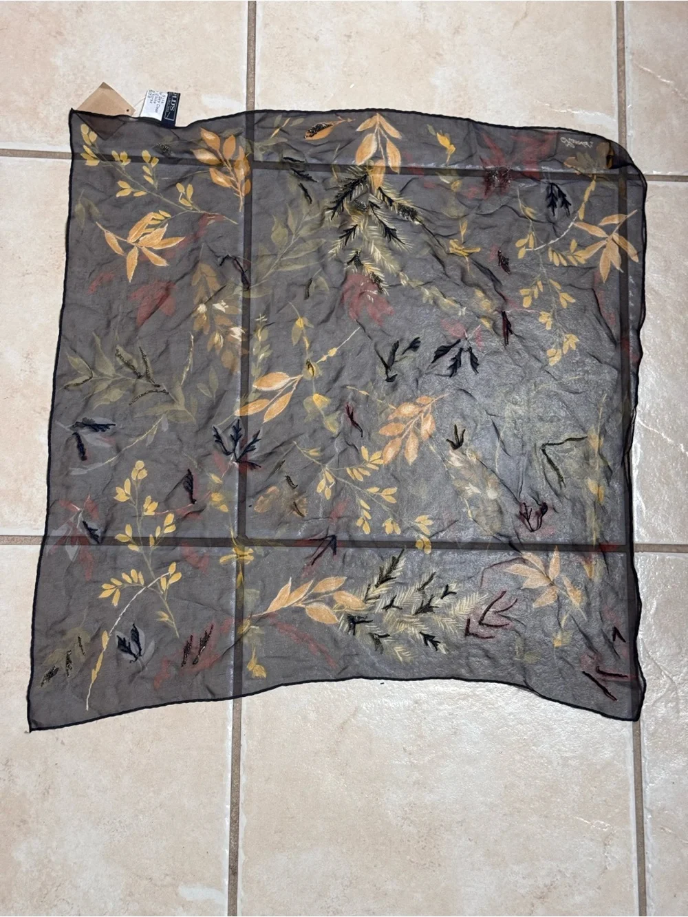 Harold's Vintage Silk Black Scarf with Mustard and Olive Leaf Print